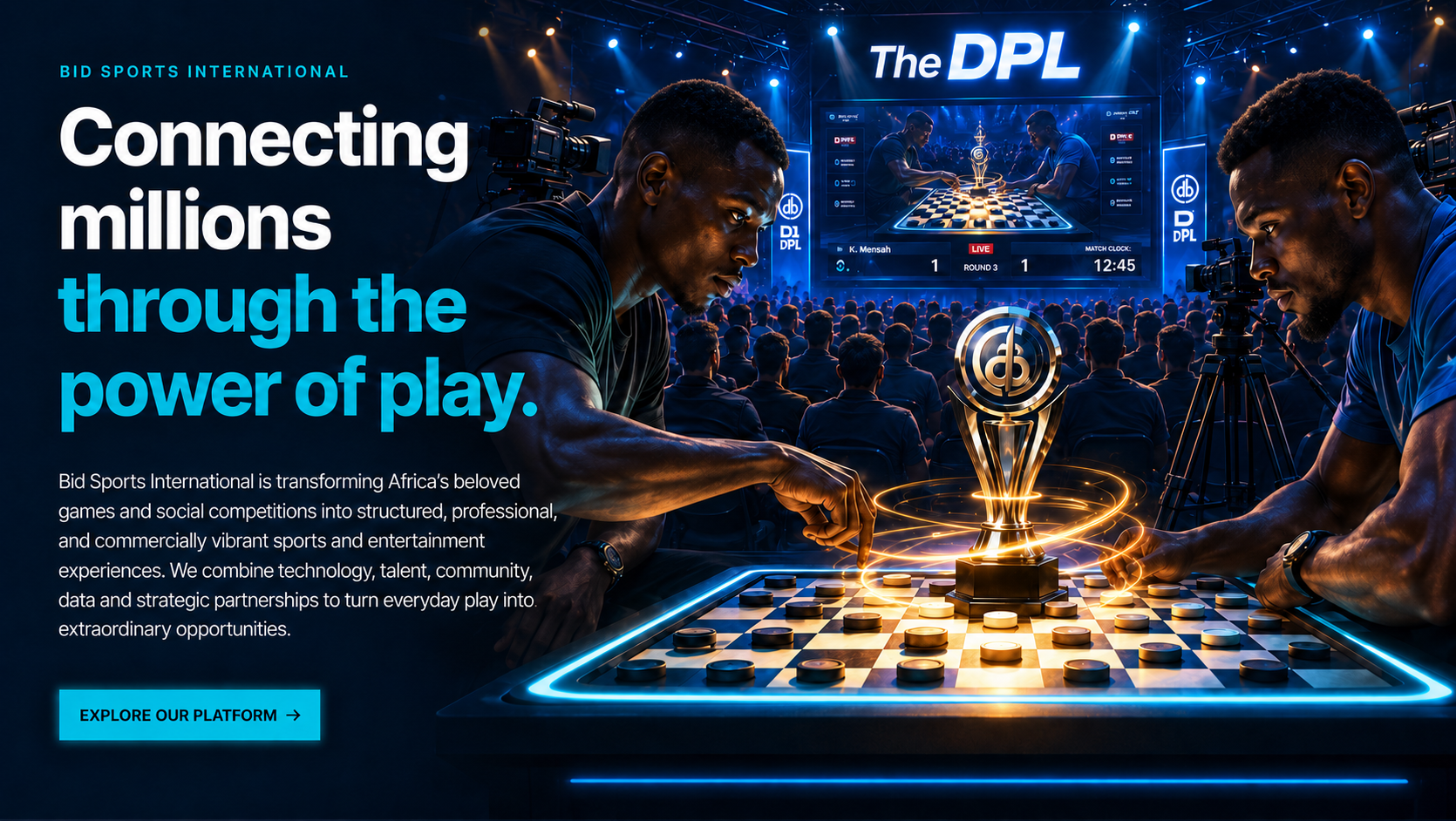 Two draught players competing around a gold trophy, with broadcast cameras behind them and spectators watching the match on a bright The DPL screen